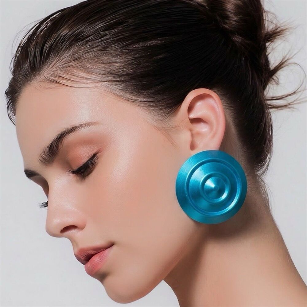 Vintage Large Blue Disc Earrings Statement Round Retro Clip On Bold Mod - Picture 2 of 11